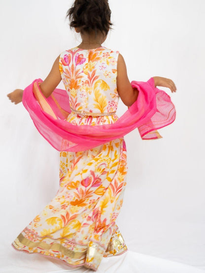 Rhea Yellow & Pink Girls Sleeveless Lehenga Set with Dupatta