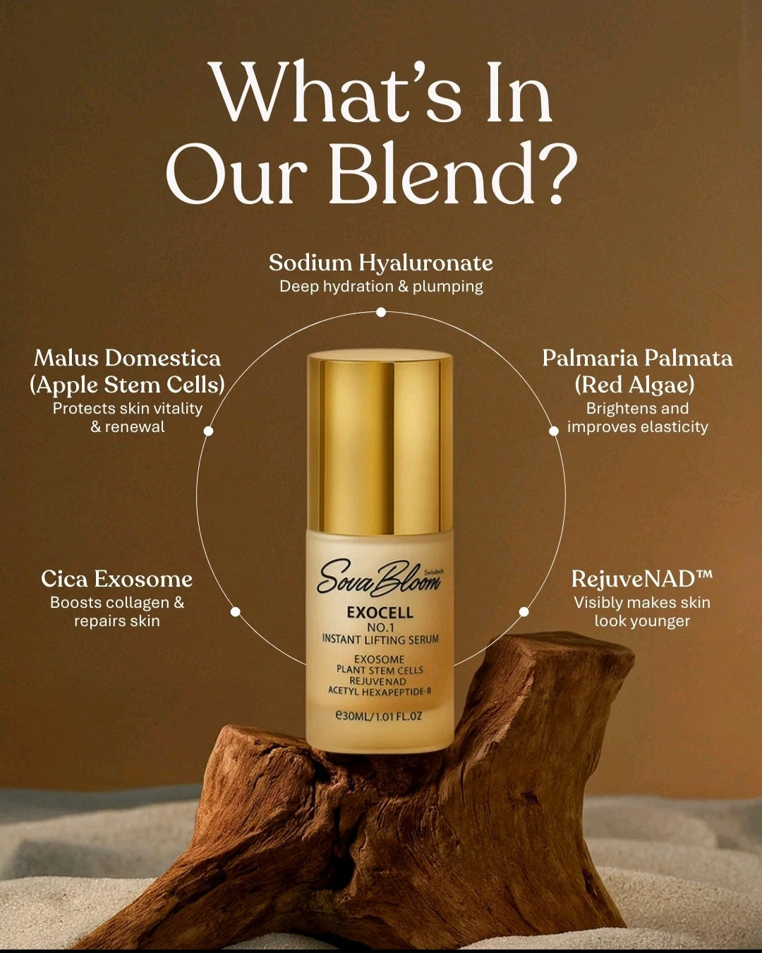 SOVA Bloom EXCEL1 Serum with ingredients listed on a brown background