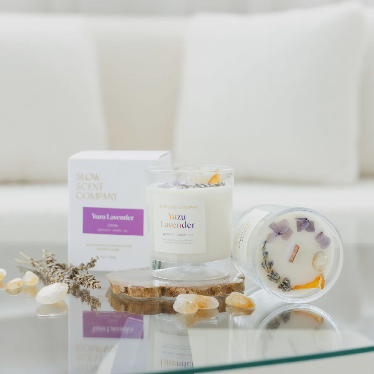 Slow Scent Yuzu Lavender Crystal Candle for Optimism, Wealth & Joy