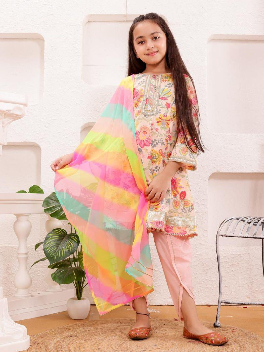 Shana Rose Floral Girls Kurti with Dhoti Salwar & Rainbow Dupatta Set in Cotton