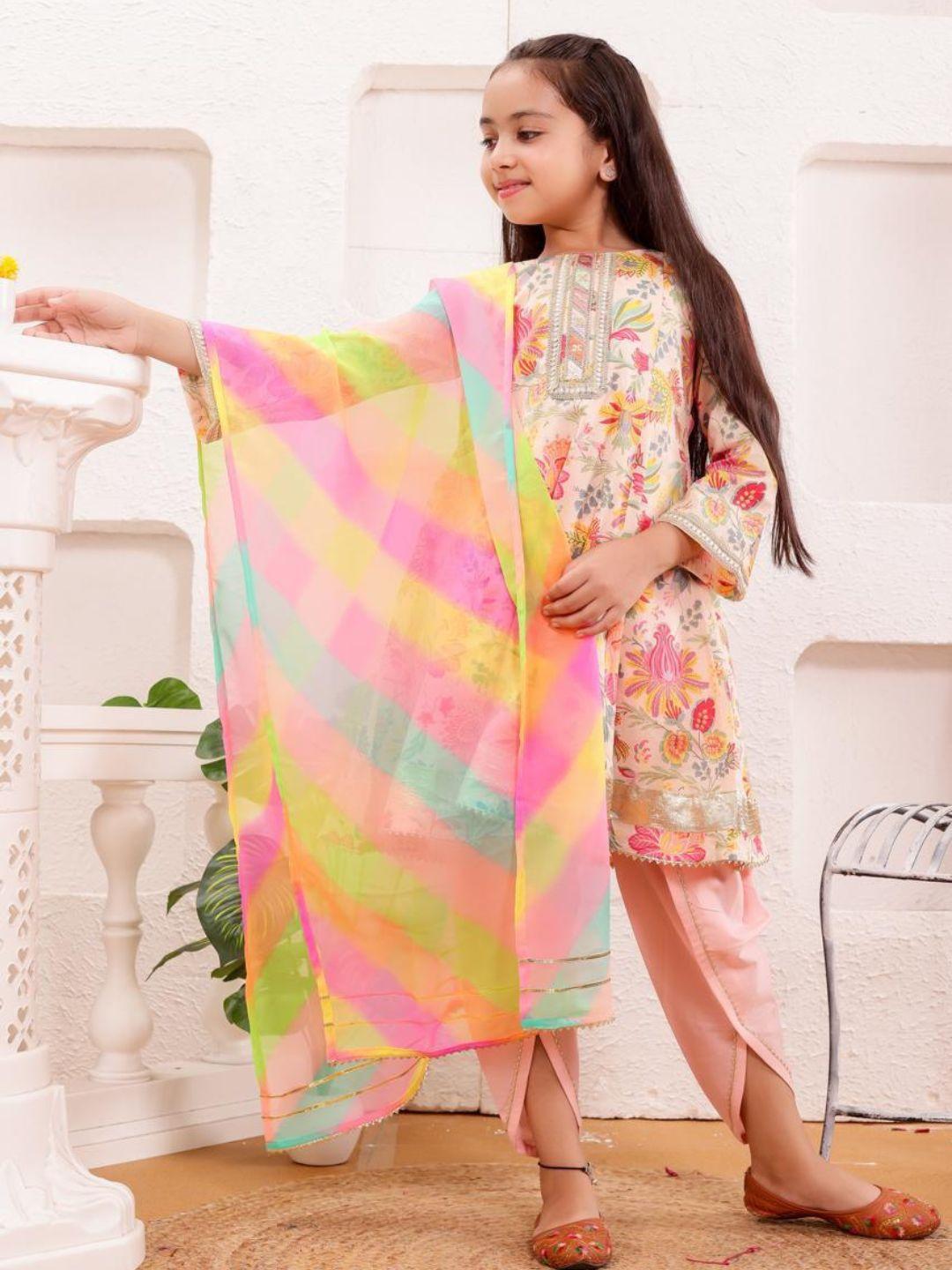Shana Rose Floral Girls Kurti with Dhoti Salwar & Rainbow Dupatta Set in Cotton