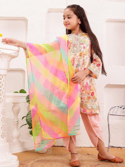 Shana Rose Floral Girls Kurti with Dhoti Salwar & Rainbow Dupatta Set in Cotton