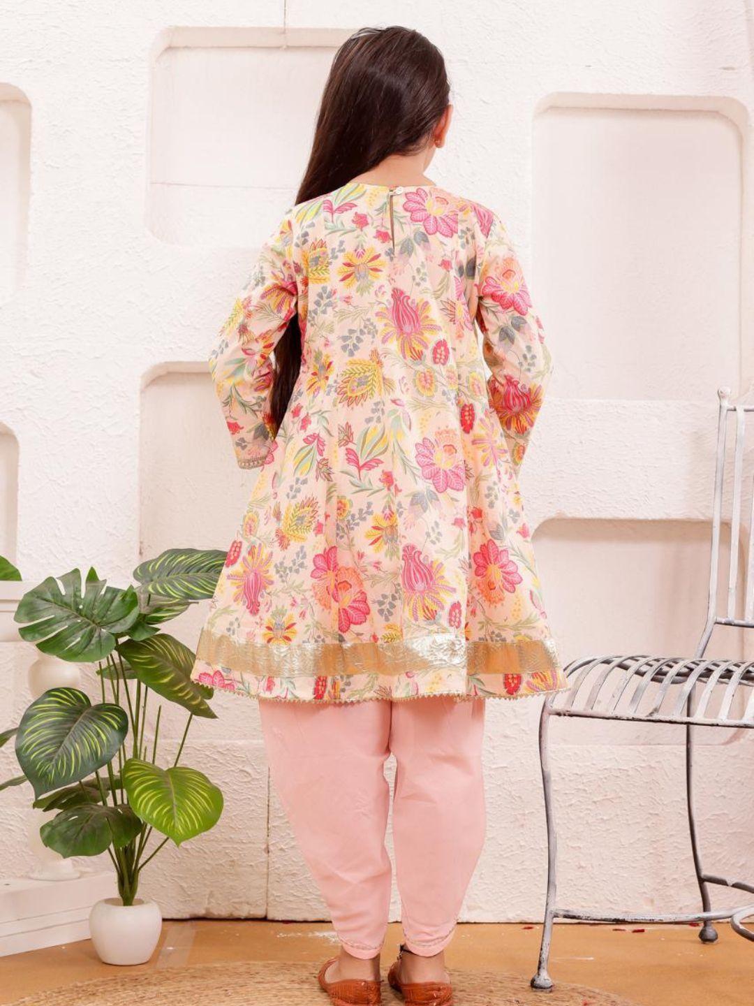 Shana Rose Floral Girls Kurti with Dhoti Salwar & Rainbow Dupatta Set in Cotton