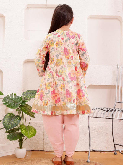 Shana Rose Floral Girls Kurti with Dhoti Salwar & Rainbow Dupatta Set in Cotton