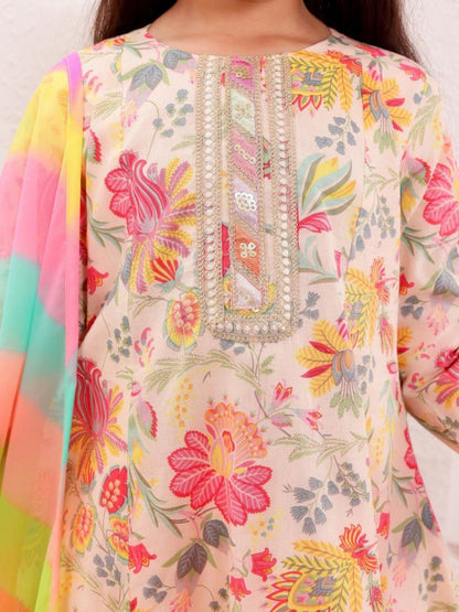 Shana Rose Floral Girls Kurti with Dhoti Salwar & Rainbow Dupatta Set in Cotton