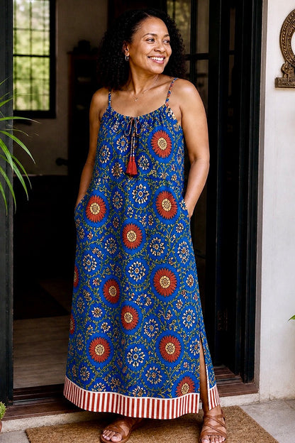 ViryaByUrbi Floral Blue Cotton Spaghetti Dress