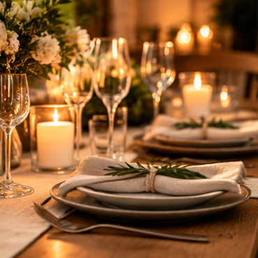 A warmly lit table setting with white folded napkins tied with a twine bundle, green herb sprigs, clear wine glasses, and lit candles on a wooden dining table.