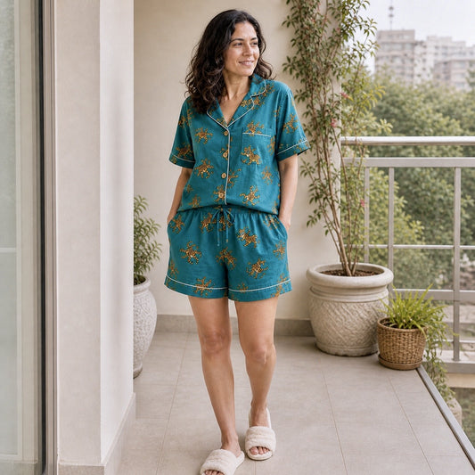 ViryaByUrbi 3-Pc Cotton PJ Shorts Set - Teal Blue
