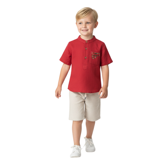 The Purestitch Festive Red 100% Pure Linen Shirt for Boys