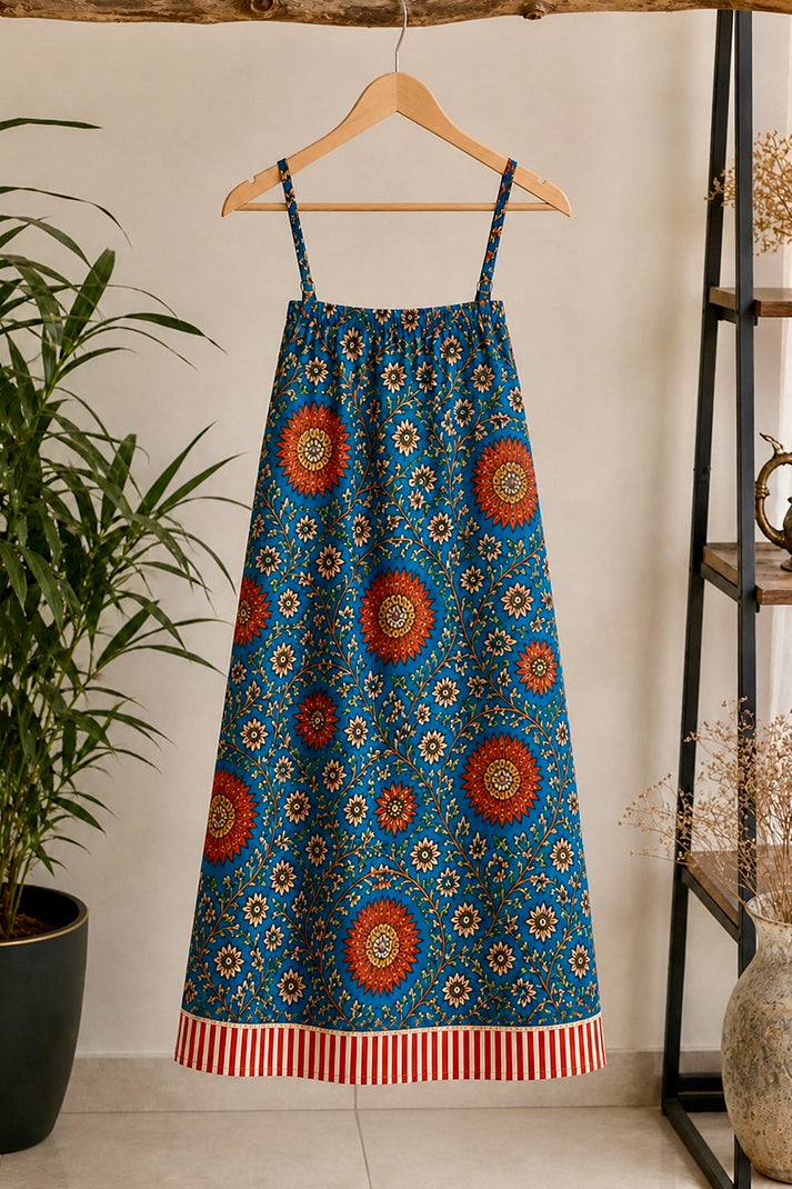 ViryaByUrbi Floral Blue Cotton Spaghetti Dress
