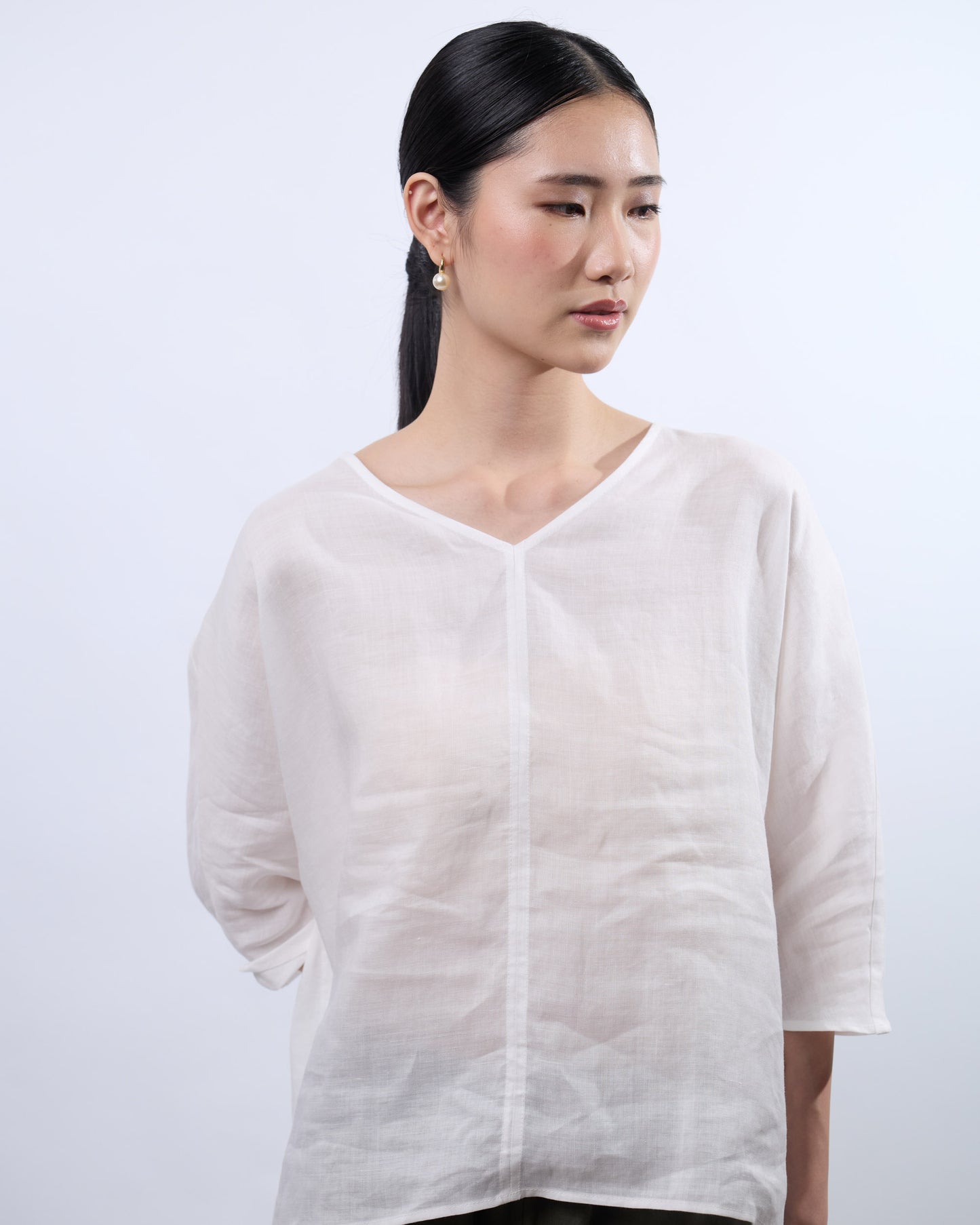 You Living V-neck Linen Long Top in White (Free Size)