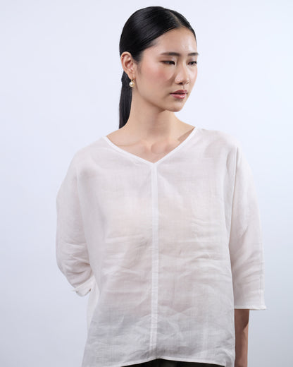 You Living V-neck Linen Long Top in White (Free Size)