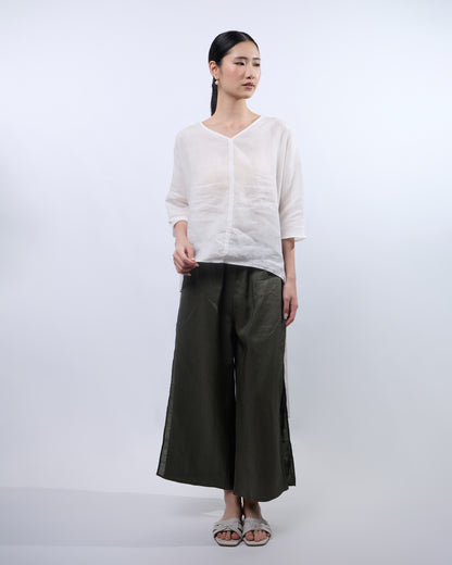 You Living V-neck Linen Long Top in White (Free Size)