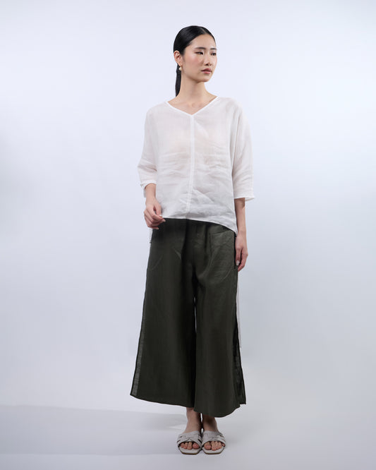You Living V-neck Linen Long Top in White (Free Size)