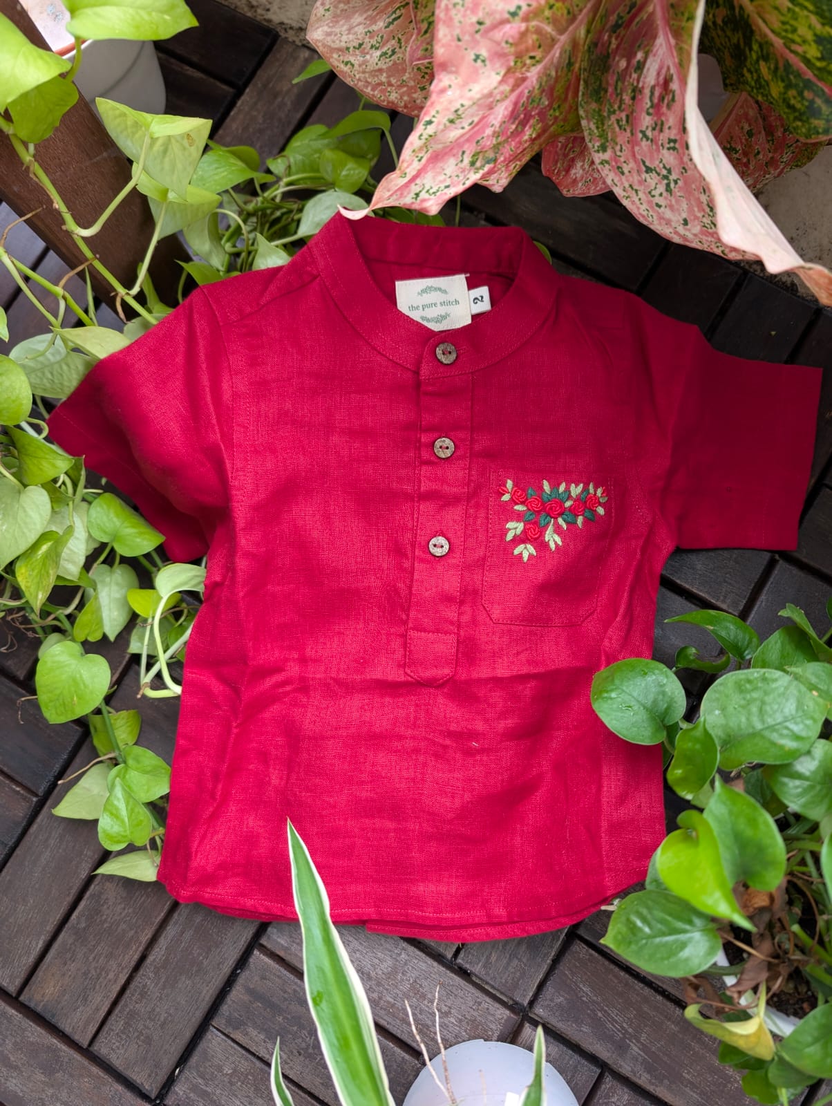 The Purestitch Festive Red 100% Pure Linen Shirt for Boys