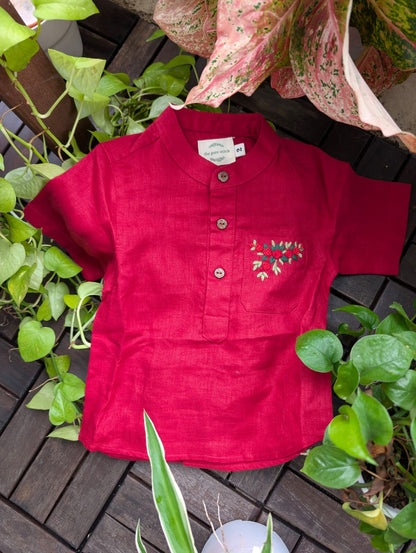The Purestitch Festive Red 100% Pure Linen Shirt for Boys