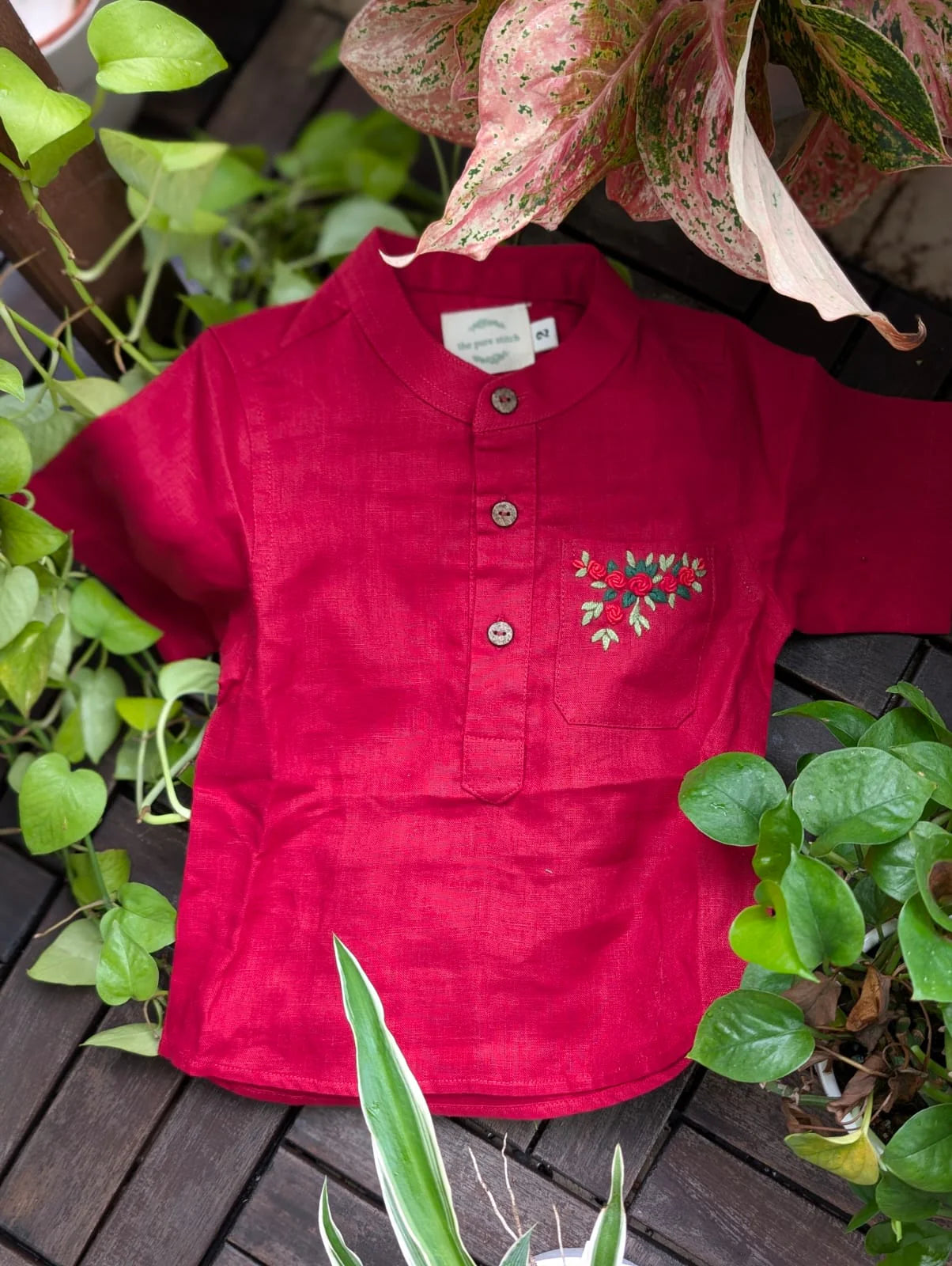 The Purestitch Festive Red 100% Pure Linen Shirt for Boys