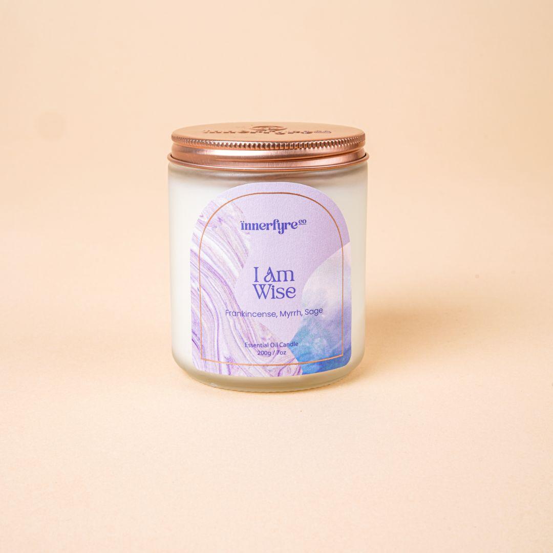 Innerfyre I AM WISE Affirmation Crystal Candle – Frankincense, Myrrh & Sage