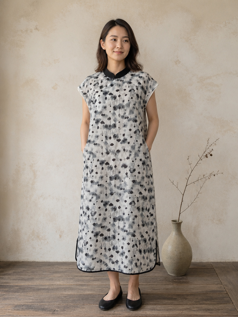 You Living Abstract Ink Cap Sleeve Cheongsam Qipao Dress