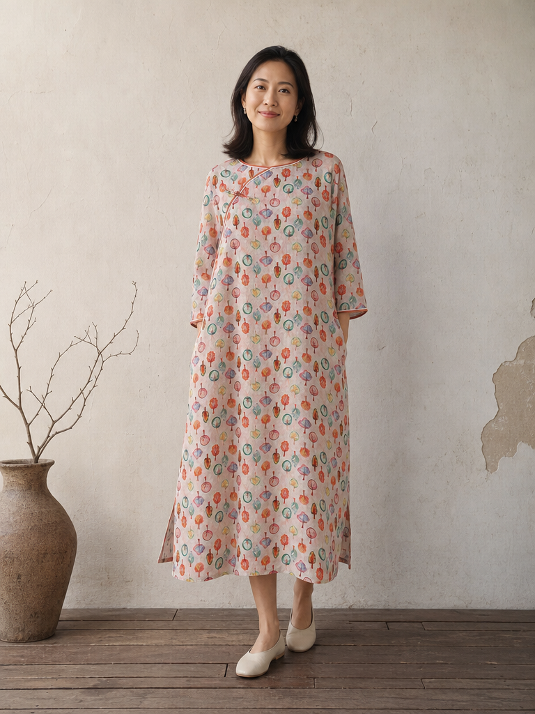 You Living Multicolour Botanical Print 3/4 Sleeve Ramie Cheongsam Qipao Dress