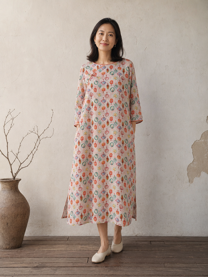 You Living Multicolour Botanical Print 3/4 Sleeve Ramie Cheongsam Qipao Dress