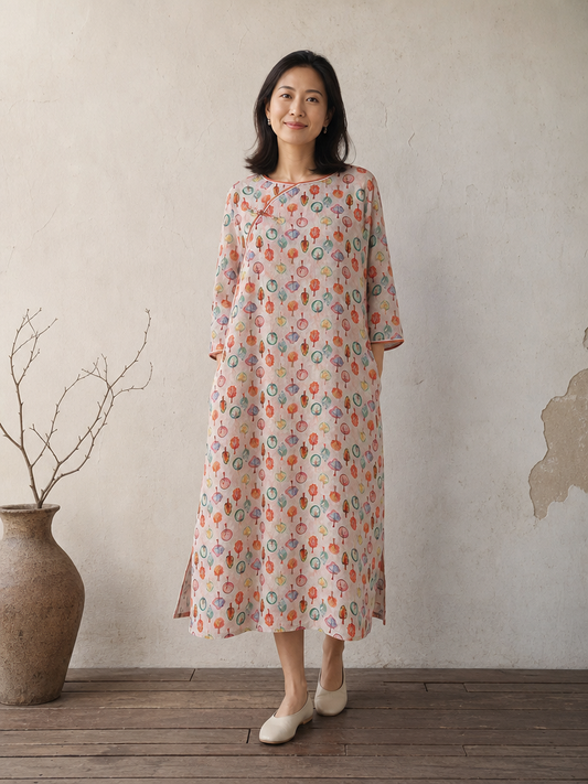 You Living Multicolour Botanical Print 3/4 Sleeve Ramie Cheongsam Qipao Dress