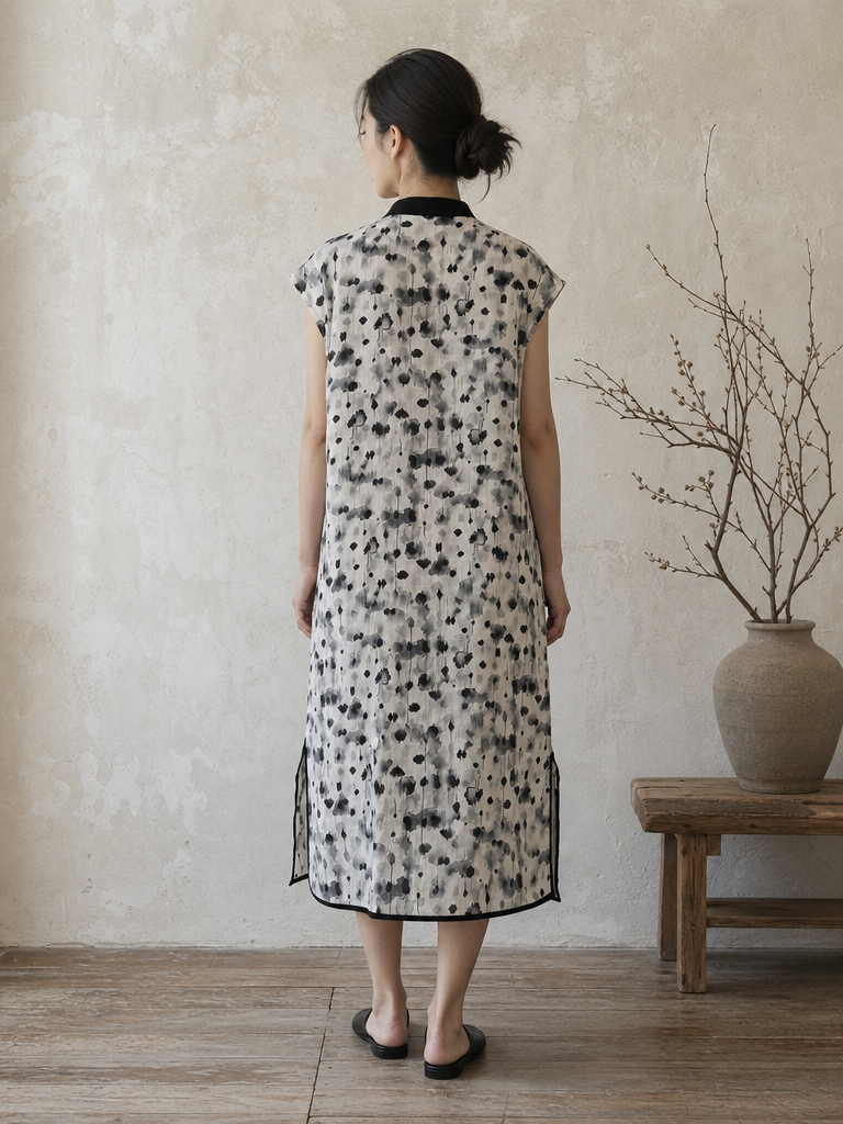 You Living Abstract Ink Cap Sleeve Cheongsam Qipao Dress