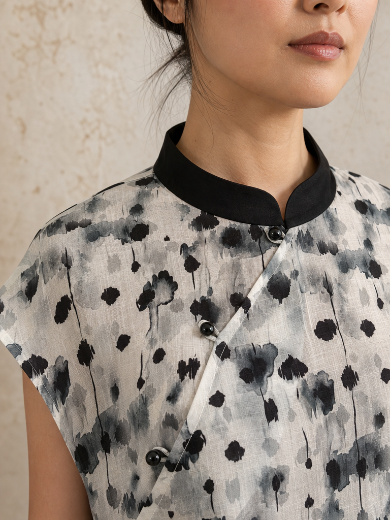You Living Abstract Ink Cap Sleeve Cheongsam Qipao Dress