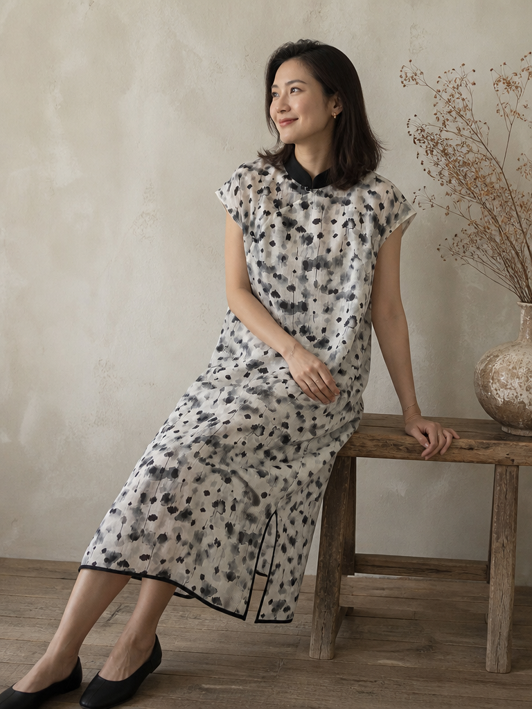 You Living Abstract Ink Cap Sleeve Cheongsam Qipao Dress