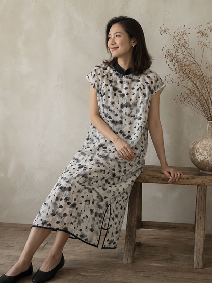 You Living Abstract Ink Cap Sleeve Cheongsam Qipao Dress