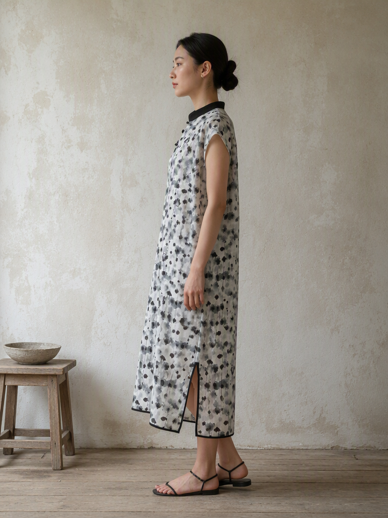 You Living Abstract Ink Cap Sleeve Cheongsam Qipao Dress