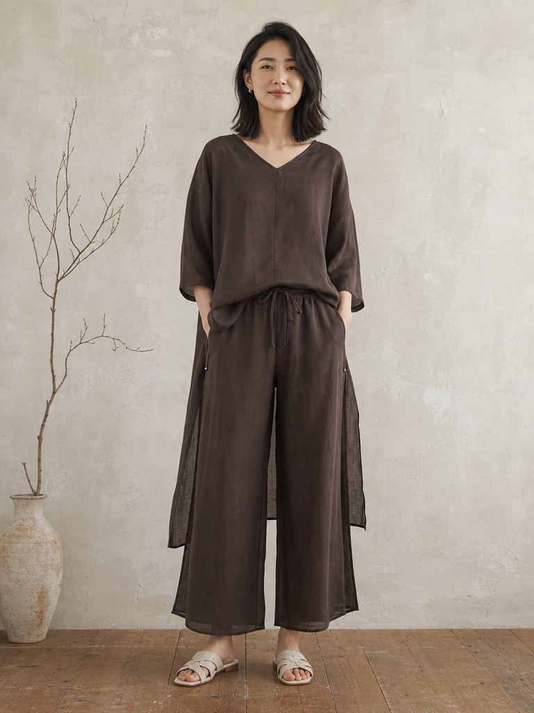 You Living V-Neck Ramie Long Top in Dark Brown