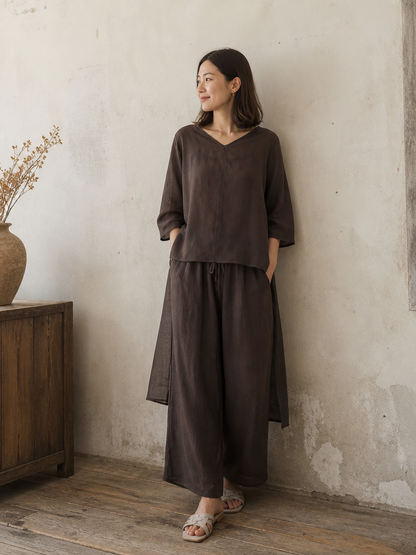 You Living V-Neck Ramie Long Top in Dark Brown