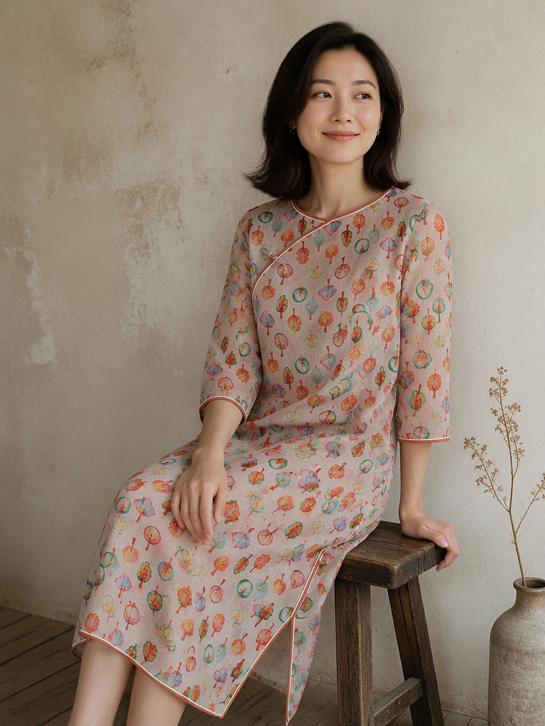 You Living Multicolour Botanical Print 3/4 Sleeve Ramie Cheongsam Qipao Dress