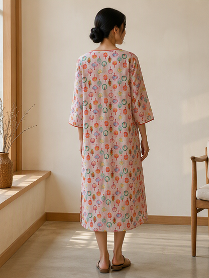 You Living Multicolour Botanical Print 3/4 Sleeve Ramie Cheongsam Qipao Dress