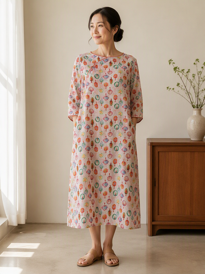 You Living Multicolour Botanical Print 3/4 Sleeve Ramie Cheongsam Qipao Dress
