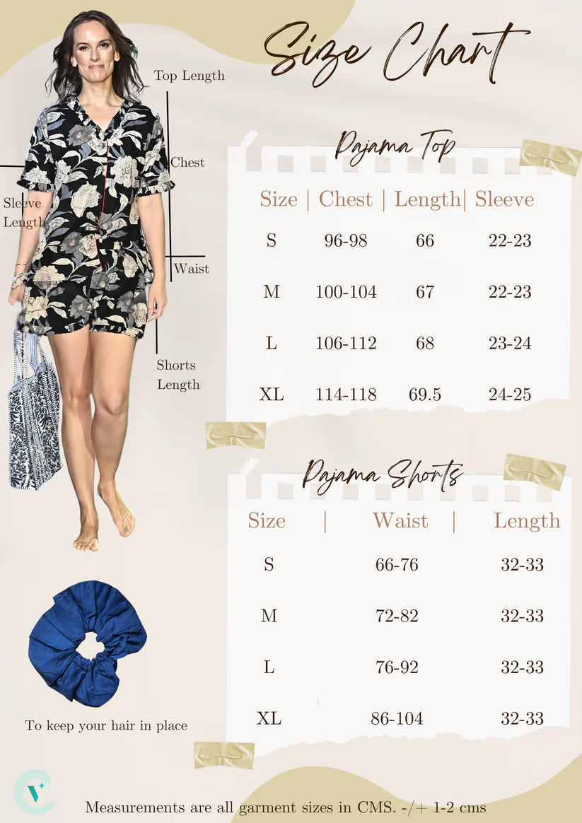 ViryaByUrbi 4-Pc cotton PJ Shorts set - Black Printed