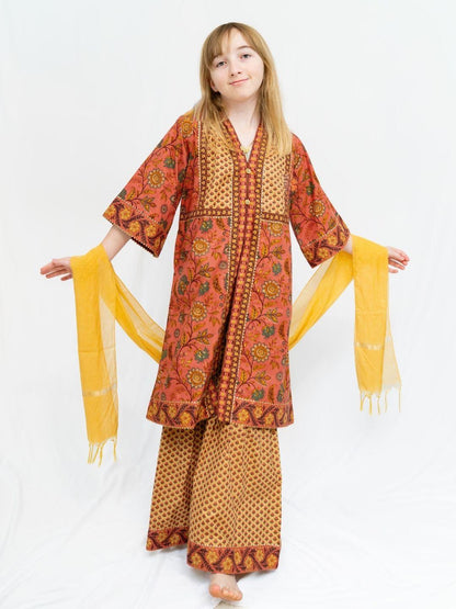 Zia Coral & Gold Girls Kurti Sharara in Cotton