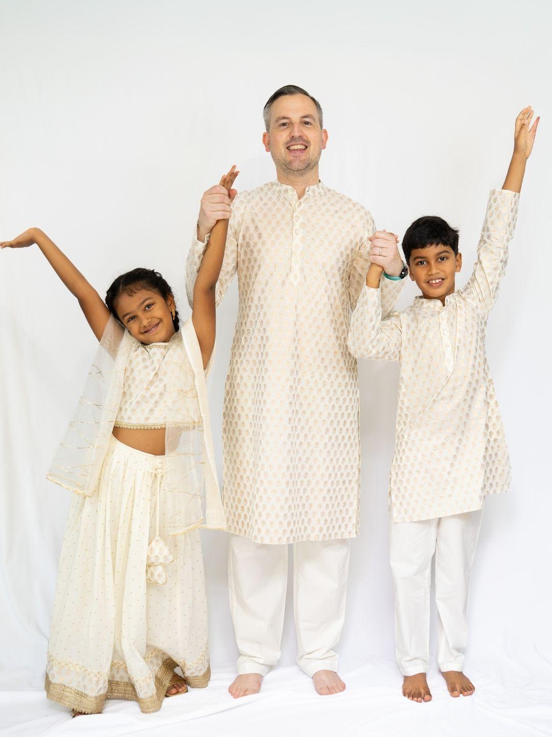 Zoya White & Gold Men Kurta Pajama Set – Khari Print with Practical Pockets