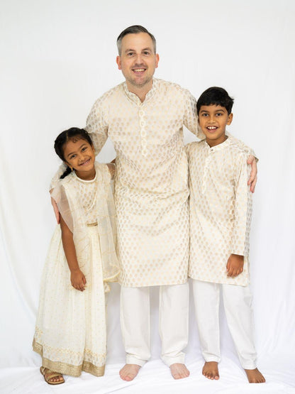 Zoya White & Gold Men Kurta Pajama Set – Khari Print with Practical Pockets