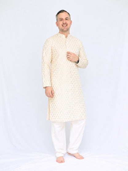 Zoya White & Gold Men Kurta Pajama Set – Khari Print with Practical Pockets