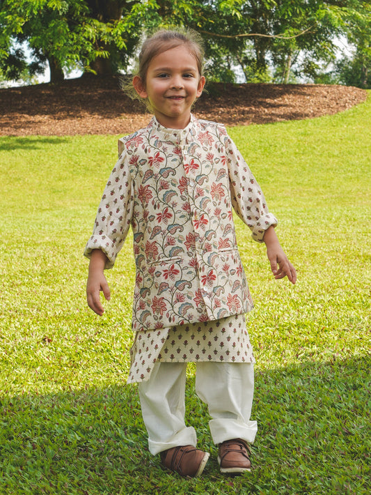 Nimbu Nia Boys Kurta Pajama Jacket set in Muslin Cotton
