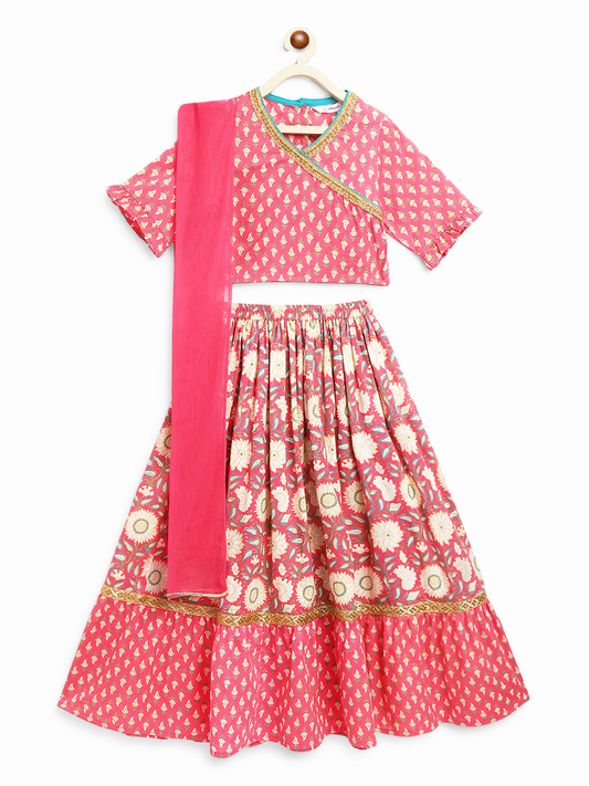 Nimbu Heer Paisley Pink Lehenga with Angrakha Choli & Dupatta Set
