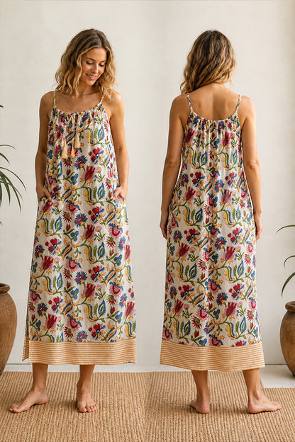 ViryaByUrbi Floral Beige Cotton Spaghetti Dress