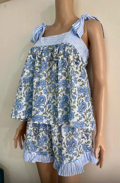 ViryaByUrbi 2-Pc Cotton Floral PJ Shorts Set – Blue & White