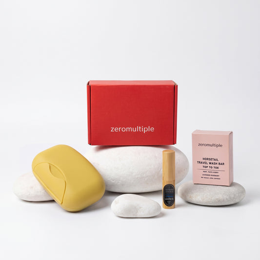 Zeromultiple Minimalist Traveler Gift Set – Horsetail Wash Bar, Lip Balm & Travel Soap Case