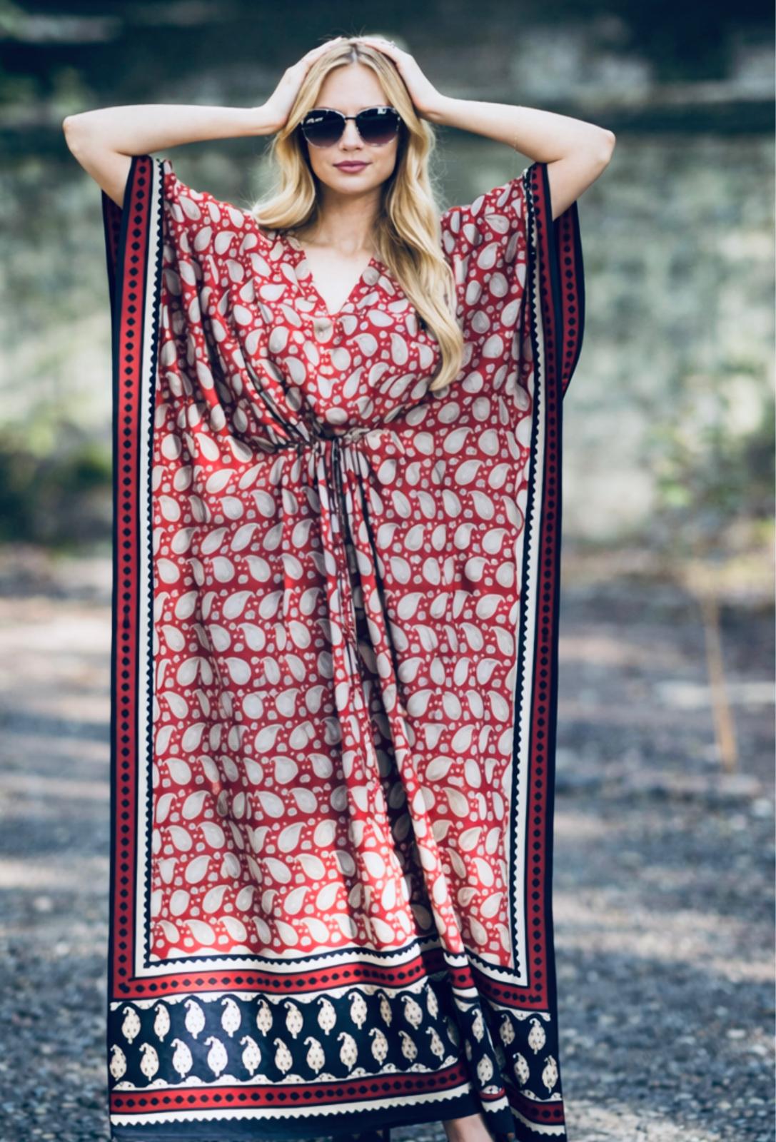 ViryaByUrbi Soft Cotton Kaftan in Paisley Print - Red & Black