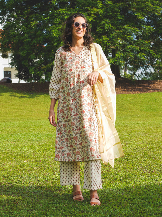 Nia Womens Angarkha Kurti & Salwar with Duppatta set in Muslin Cotton