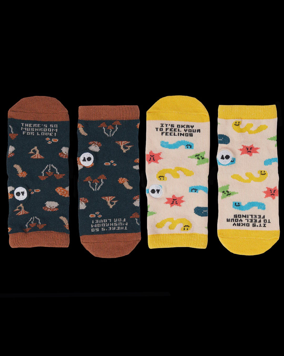 Talking Toes Pack of 2 Kids Crew Sock Set - Mushroom for Love & No Bad Feelings/Its okay to feel your feelings (2-5 Years)